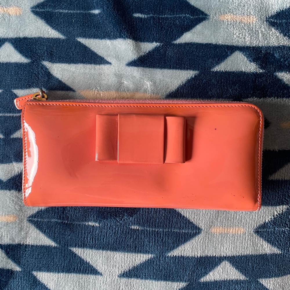 Miu Miu Coral-Pink Patent Leather Bow Zip Wallet with original tag!